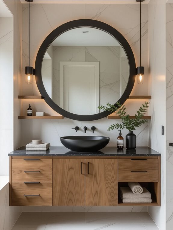 black mirror with wood frame