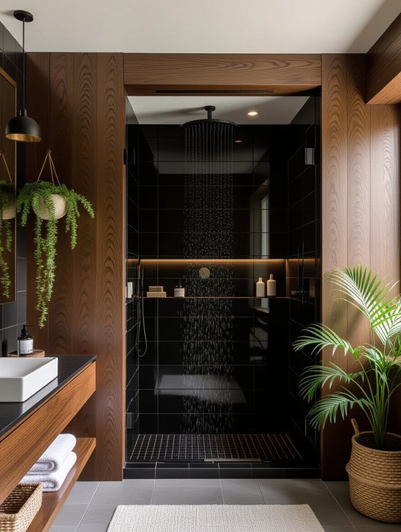 black and wood shower enclosure