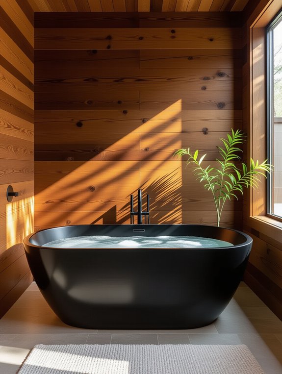 black bathtub with wood walls