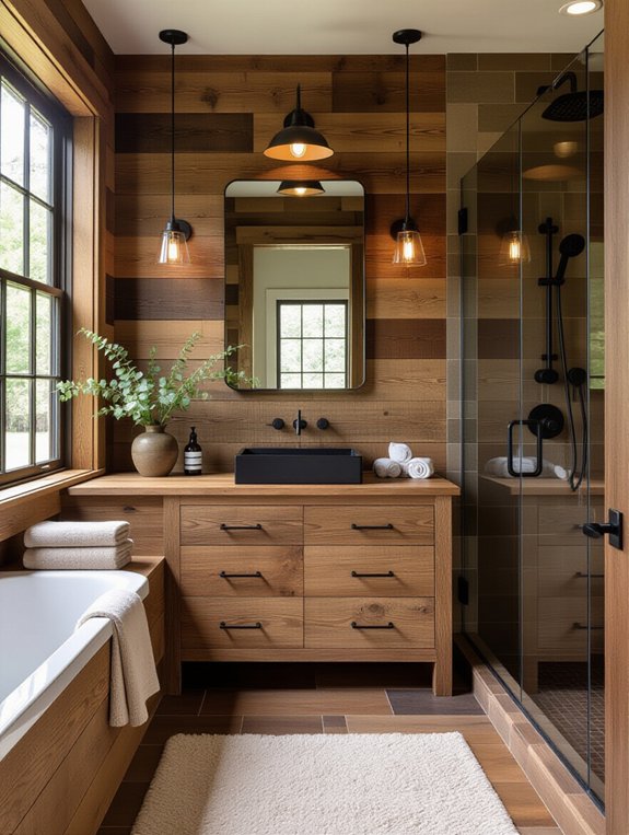wood-look tiles with black fixtures