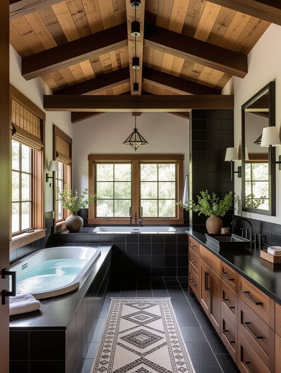 wood ceiling with black beams