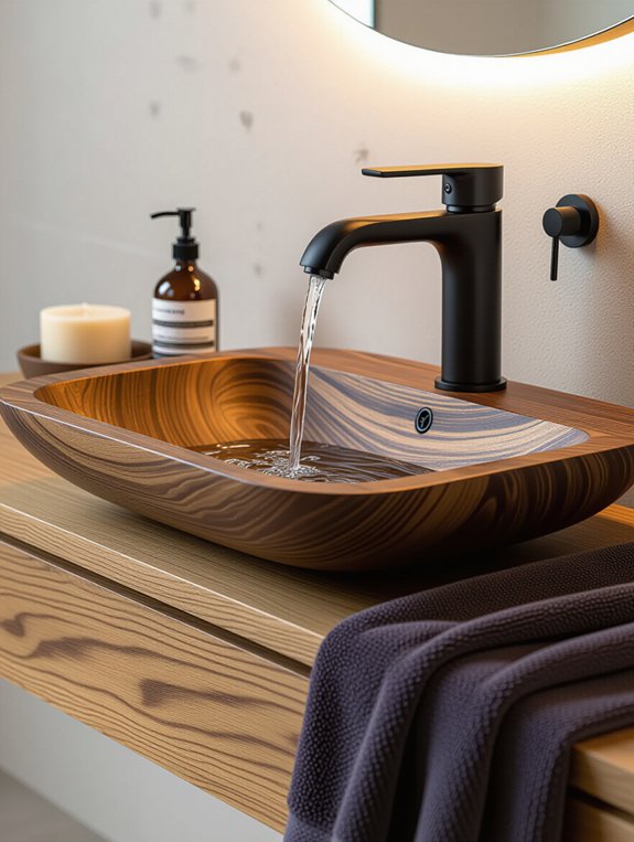 black faucet with wood sink