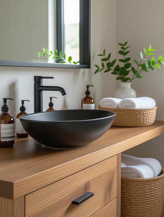 minimalist black and wood bathroom accessories