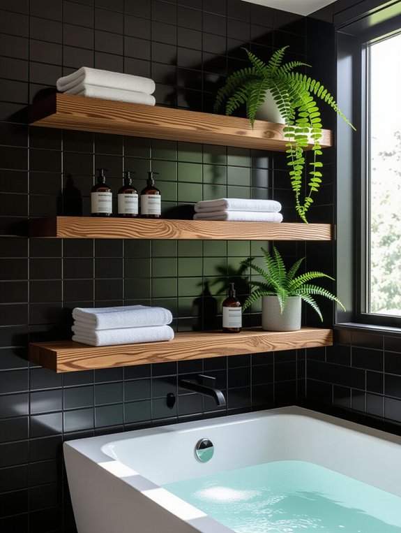 floating wood shelves on black tile