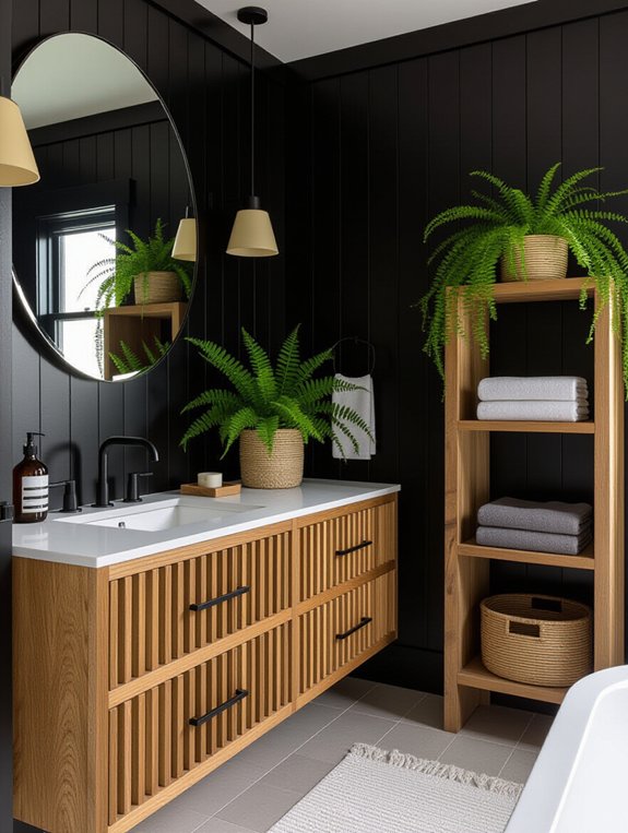 black walls with wood decor