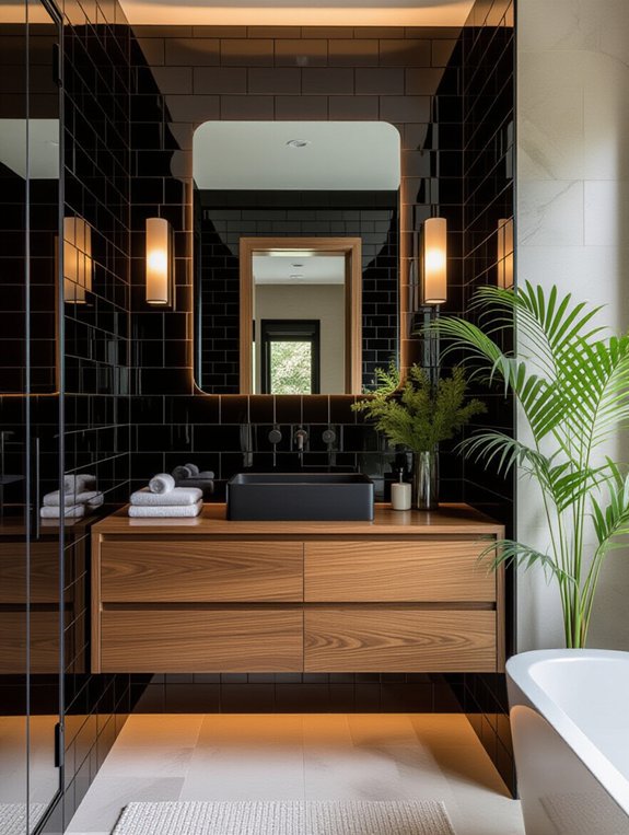 black tiles with wood trim