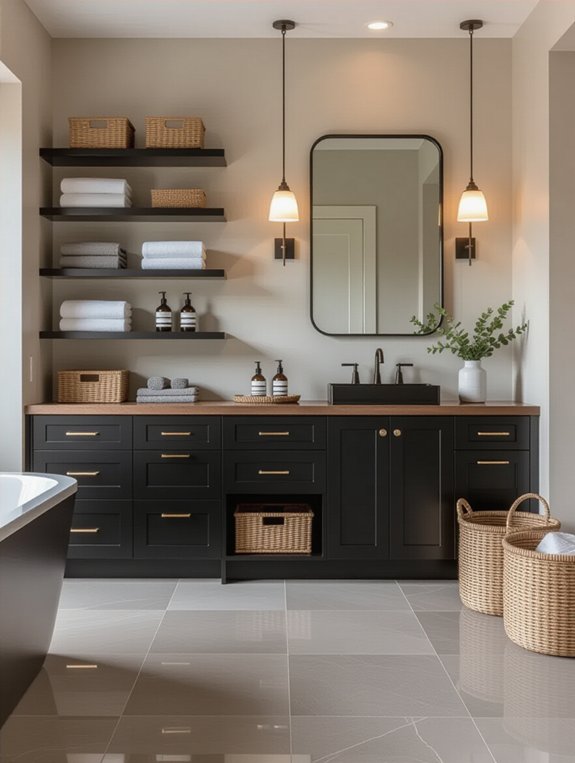 black and wood bathroom storage