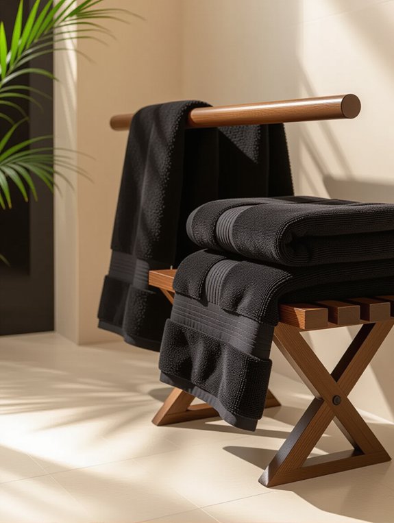 black towels on wood racks