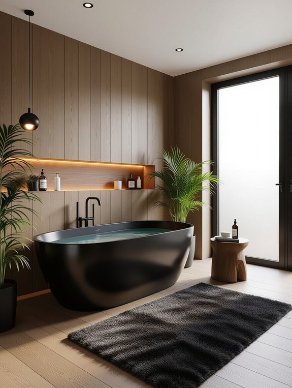 spa-like bathroom with black and wood