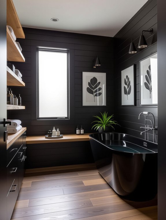 black and wood bathroom artwork