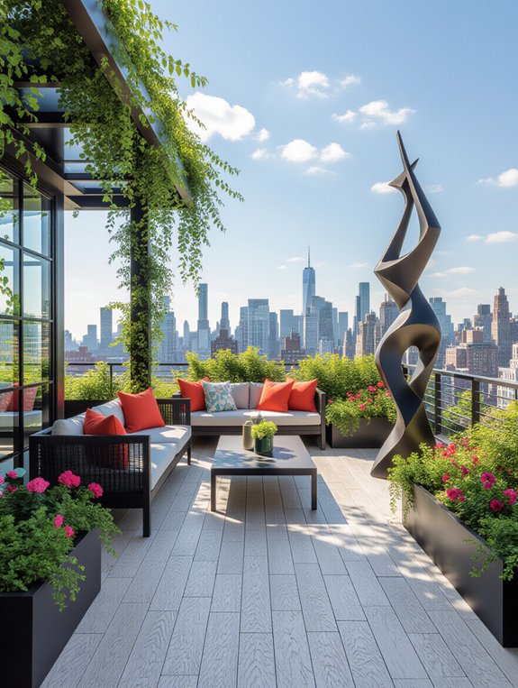 rooftop with sculptures