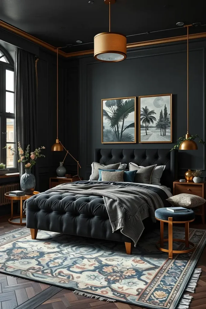 Charcoal Gray Bedroom with Velvet Accents