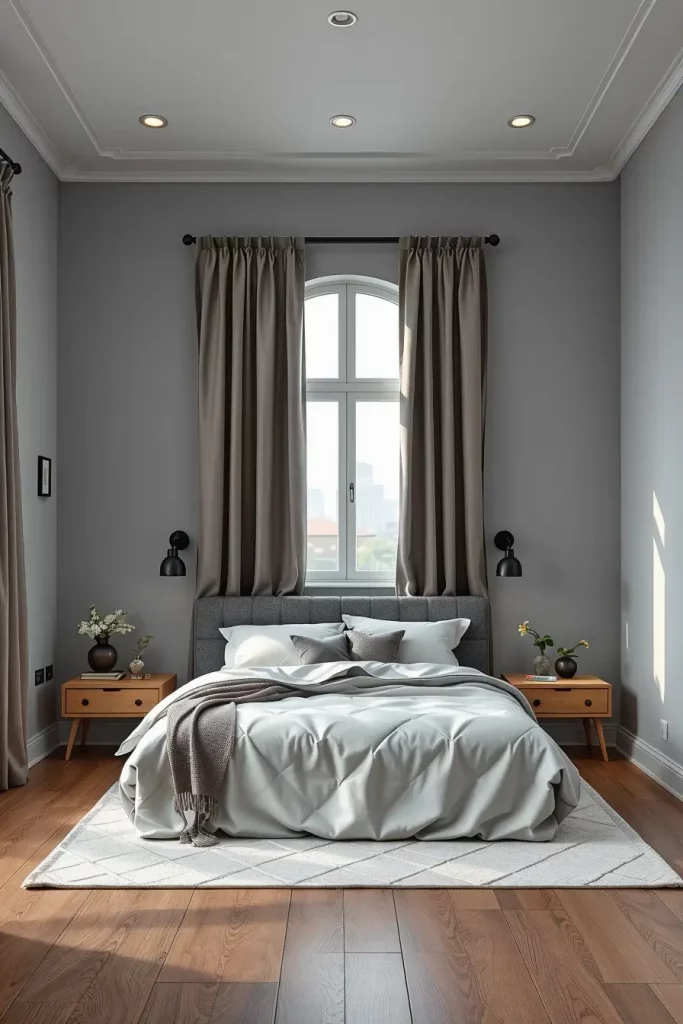Minimalist Gray Bedroom with Built-in Storage