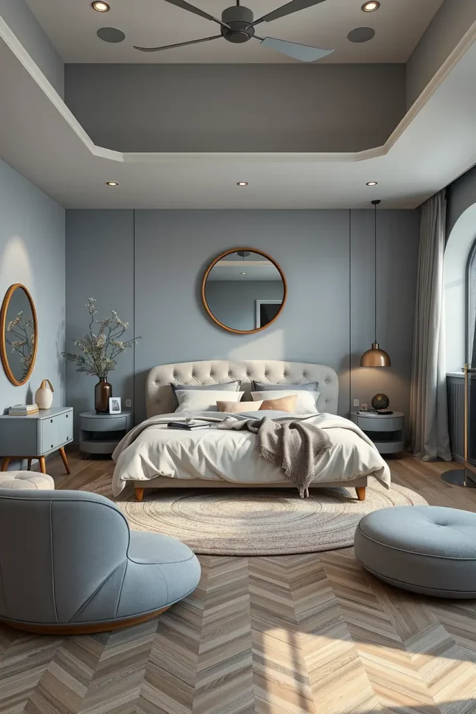Gray Bedroom with Rounded Furniture