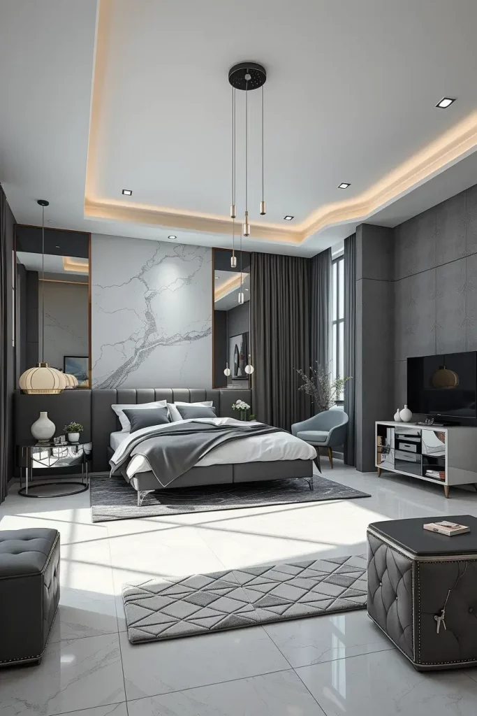 Monochrome Gray Bedroom with Sleek Furniture