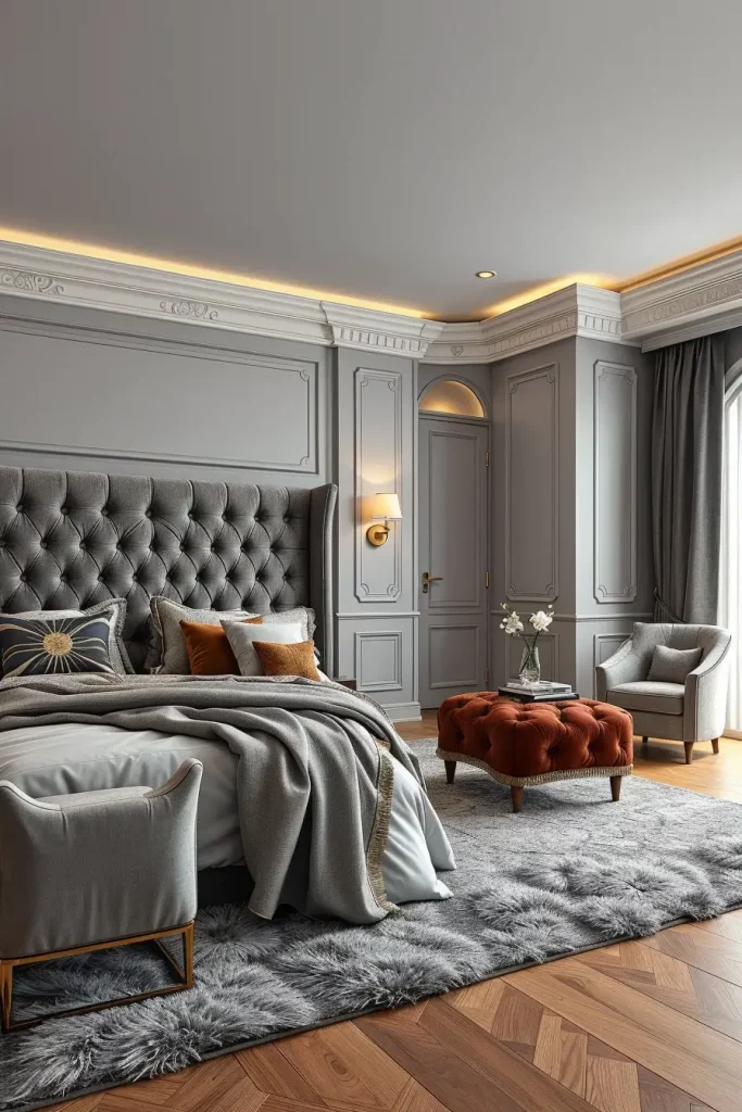 Luxurious Gray Bedroom with Velvet Fabrics