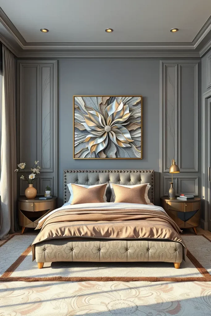 Gray Bedroom with Artistic Wall Panels