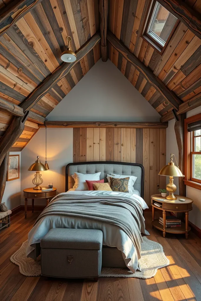 Metal and Wood Accents in Attic Bedroom
