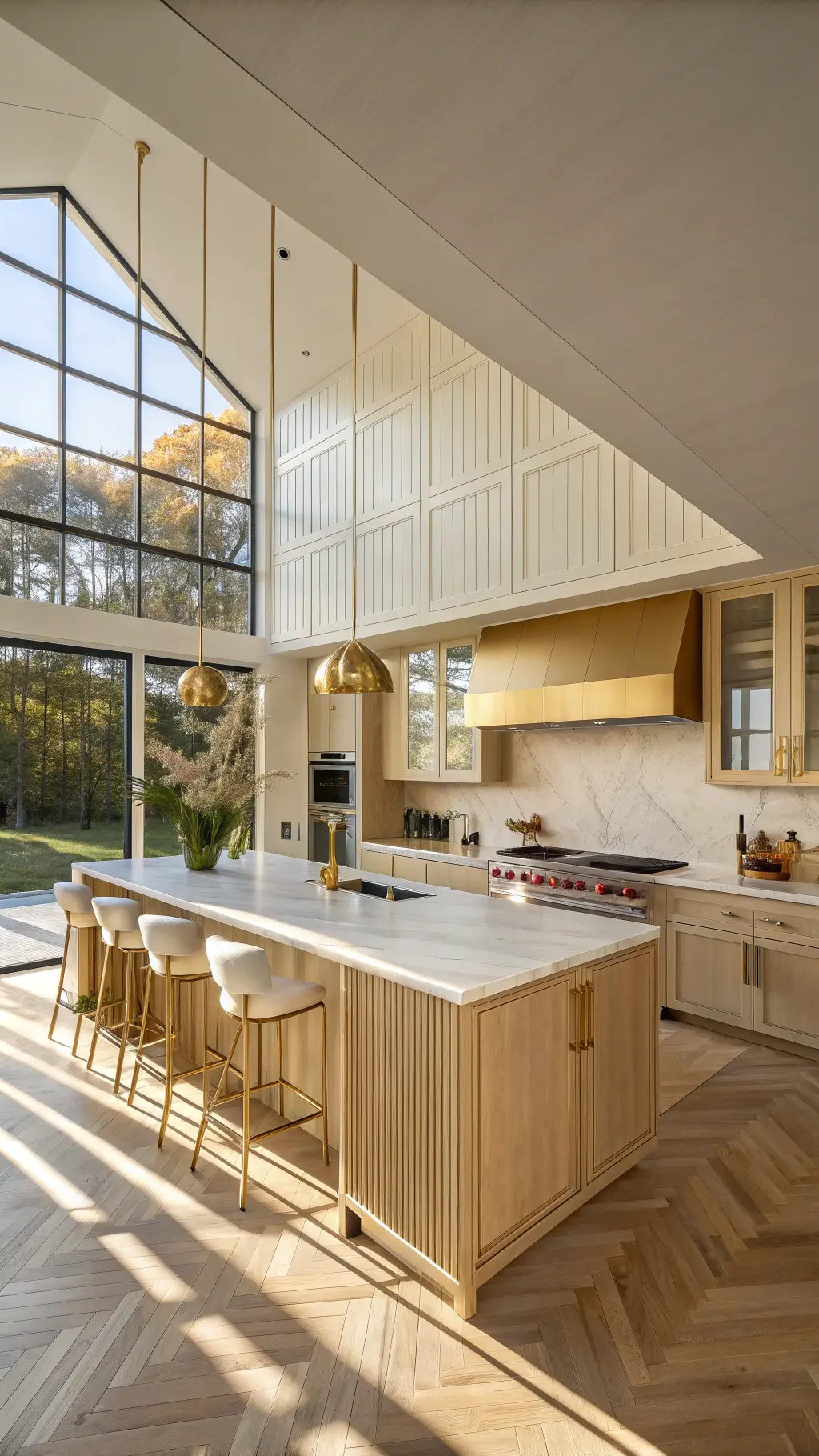 Spacious open-plan kitchen with champagne gold aluminum cabinets, marble island, copper hood, and oak flooring illuminated by golden hour light.