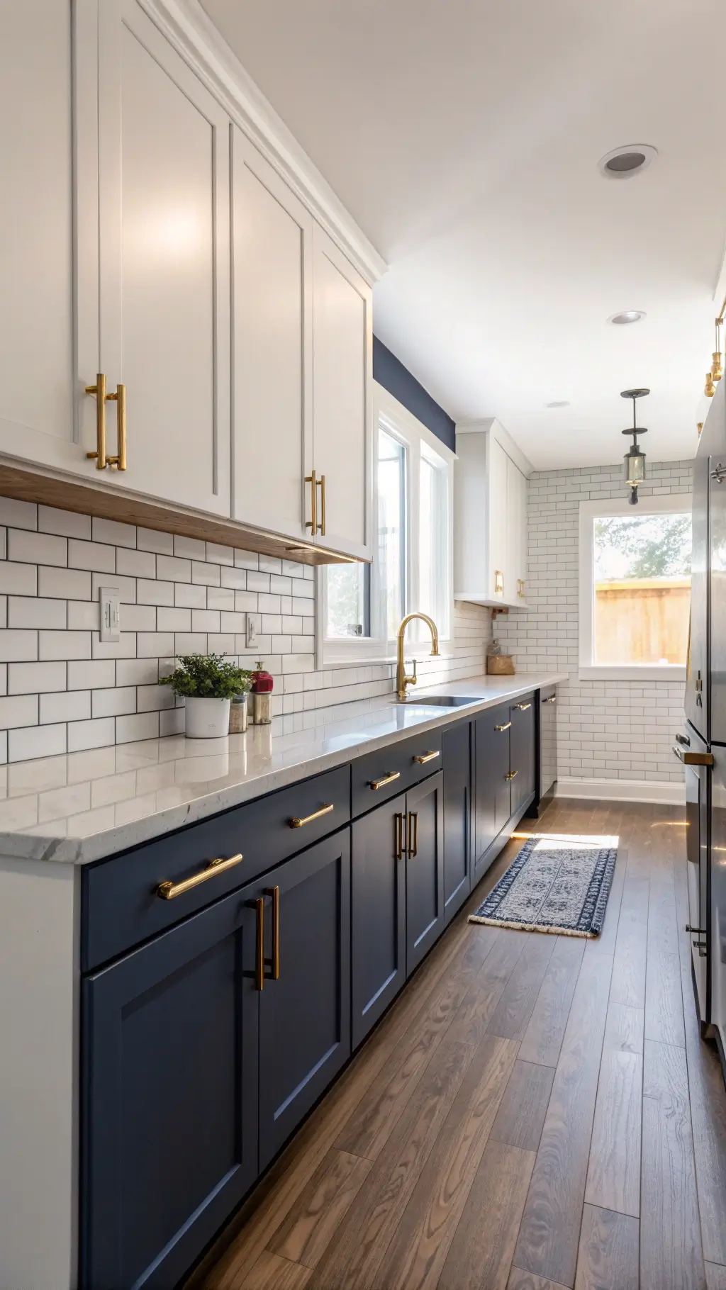 Symmetrical galley kitchen with navy lower and pearl grey upper aluminum cabinets, white subway tile backsplash, brass hardware, and soft afternoon light.
