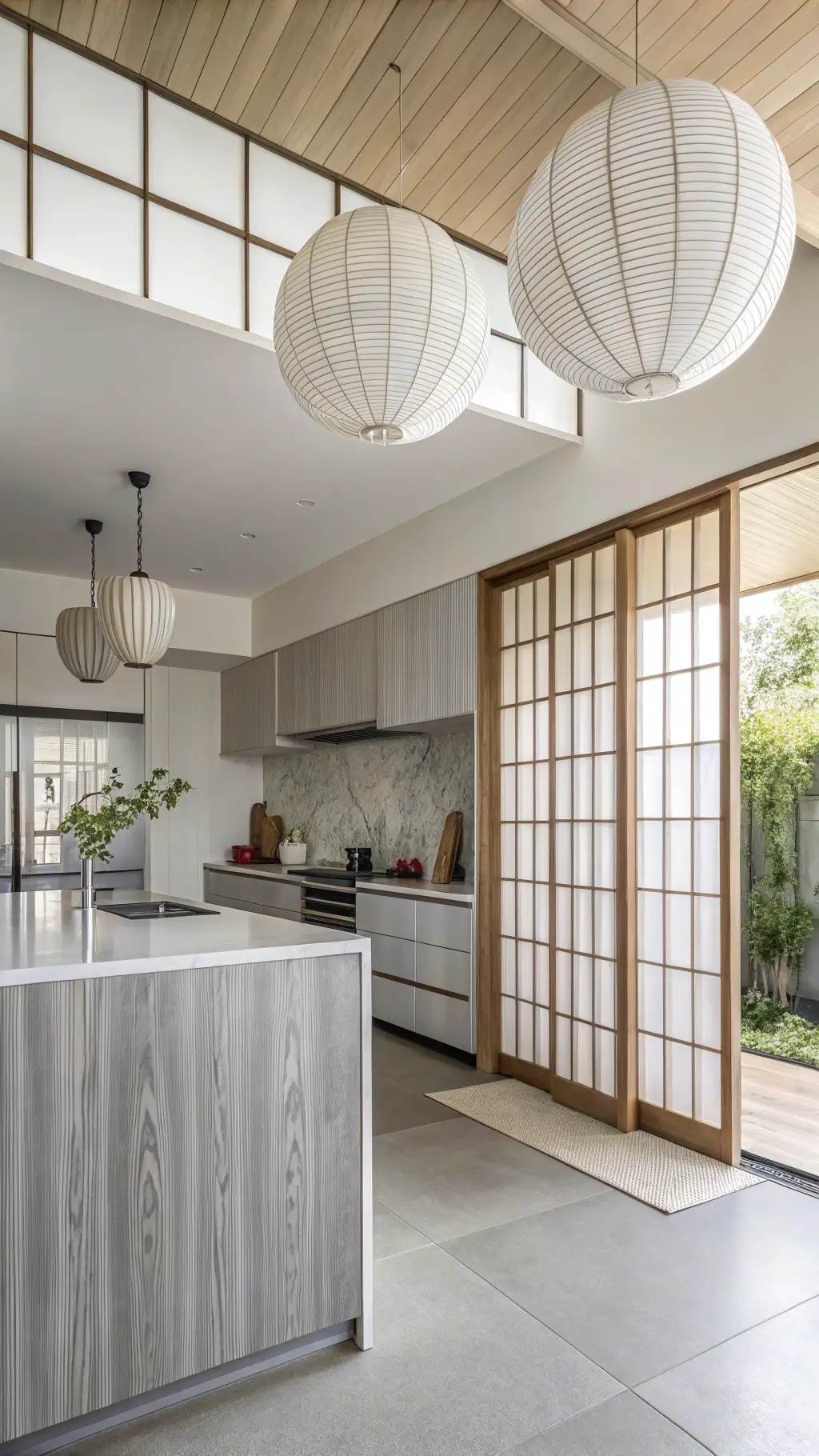 Minimalist Japanese-inspired kitchen with silver grooved aluminum cabinets, bamboo accents, and soft morning light.