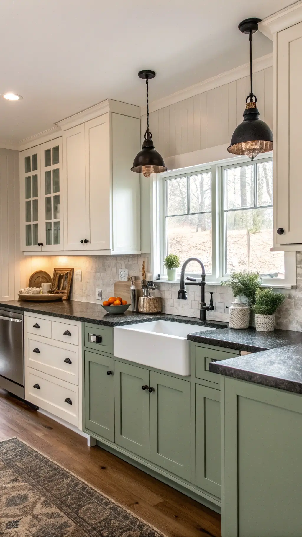 Modern farmhouse kitchen with sage green lower cabinets, white uppers, soapstone counters, and vintage black lighting.