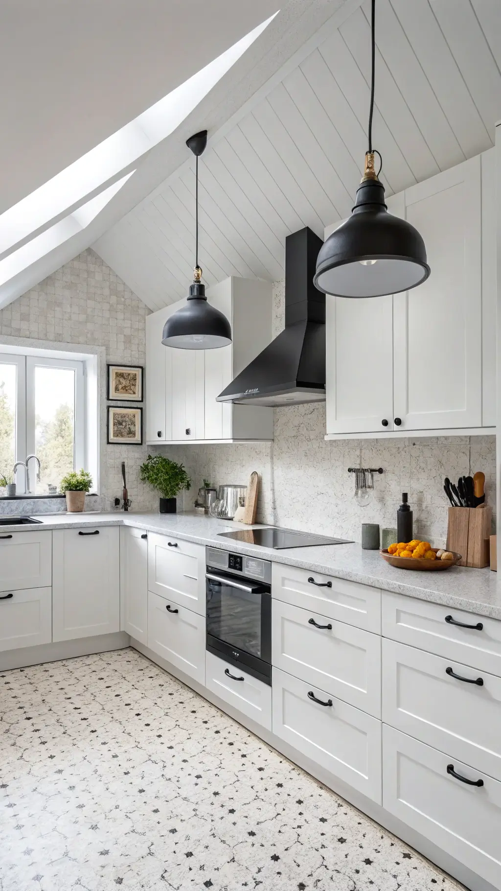 Bright Scandinavian kitchen with white aluminum cabinets, terrazzo countertops, and matte black pendant lights.