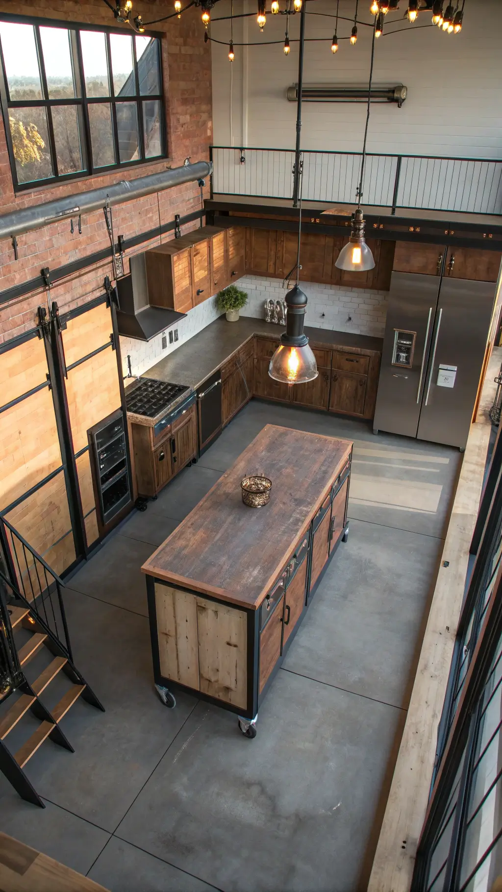 Industrial loft kitchen with distressed copper cabinets, reclaimed wood island, Edison bulb chandelier, and warm afternoon light.