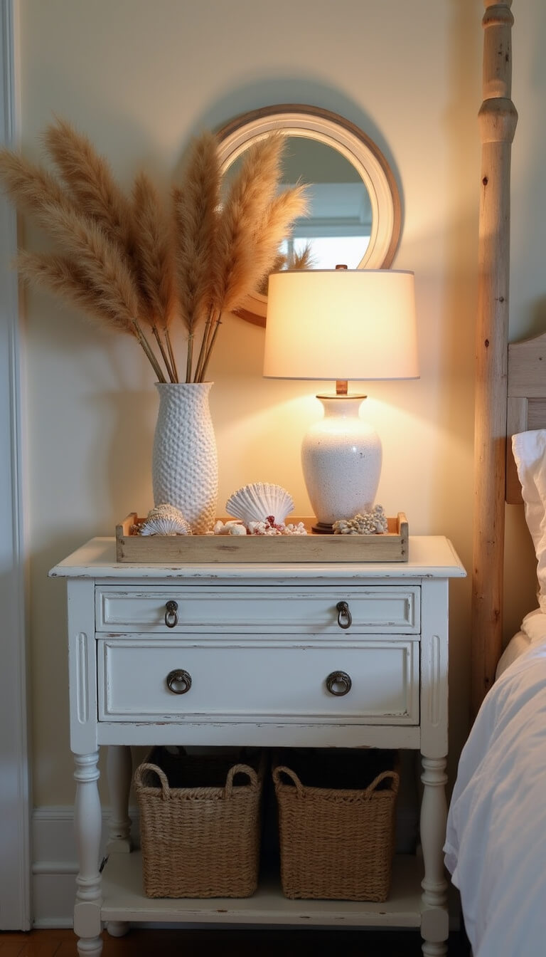 Coastal farmhouse bedroom corner with whitewashed dresser, seashell decor, pampas grass in ceramic vases, capiz shell mirror, and warm moody lighting.