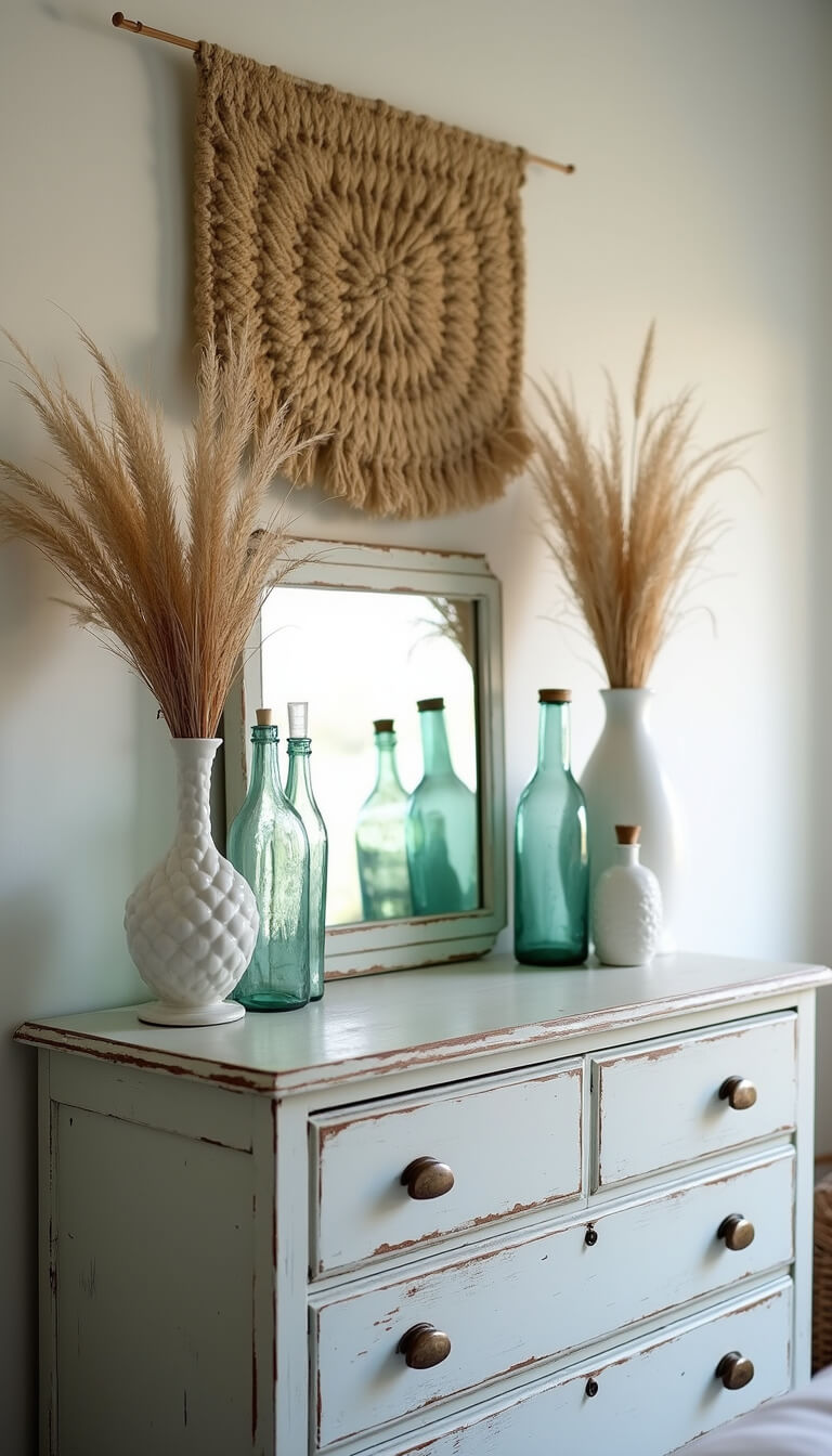 Vintage coastal dresser vignette with sea glass bottles, white vases of dried grasses, and woven wall hanging in soft dawn light.