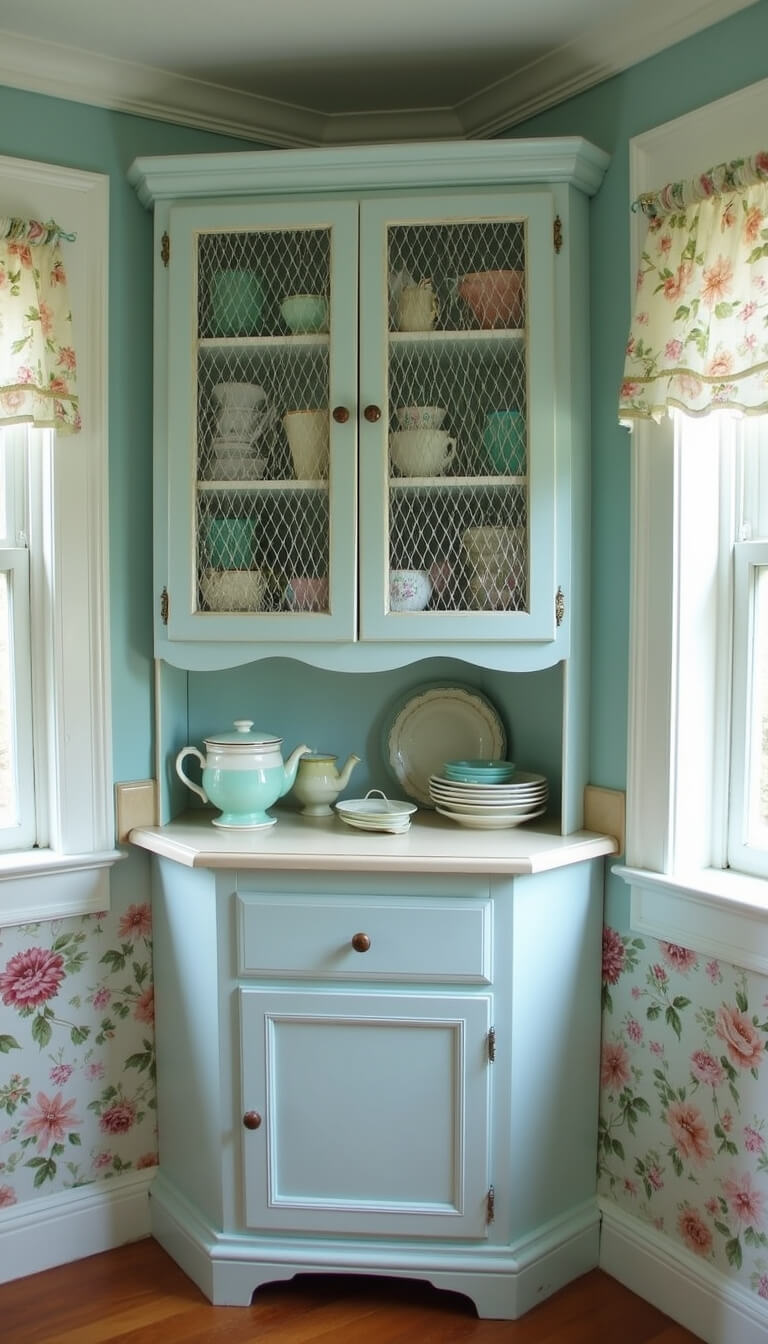 Cozy kitchen corner with built-in china cabinet featuring chicken wire doors, displaying milk glass and depression glass, pale blue walls, vintage floral wallpaper accent, and antique baker's rack with pastel kitchenware bathed in soft afternoon light.