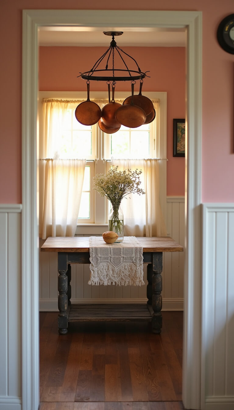 Intimate kitchen nook with soft pink walls, white beadboard wainscoting, rustic farmhouse table, copper cookware, and cream curtains illuminated by warm sunlight.