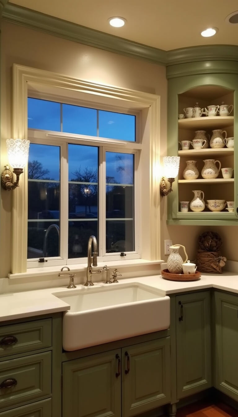 L-shaped kitchen featuring sage green lower cabinets, creamy upper cabinets, farmhouse sink under window with vintage crystal sconces, open shelves with teacups, and moody evening lighting.