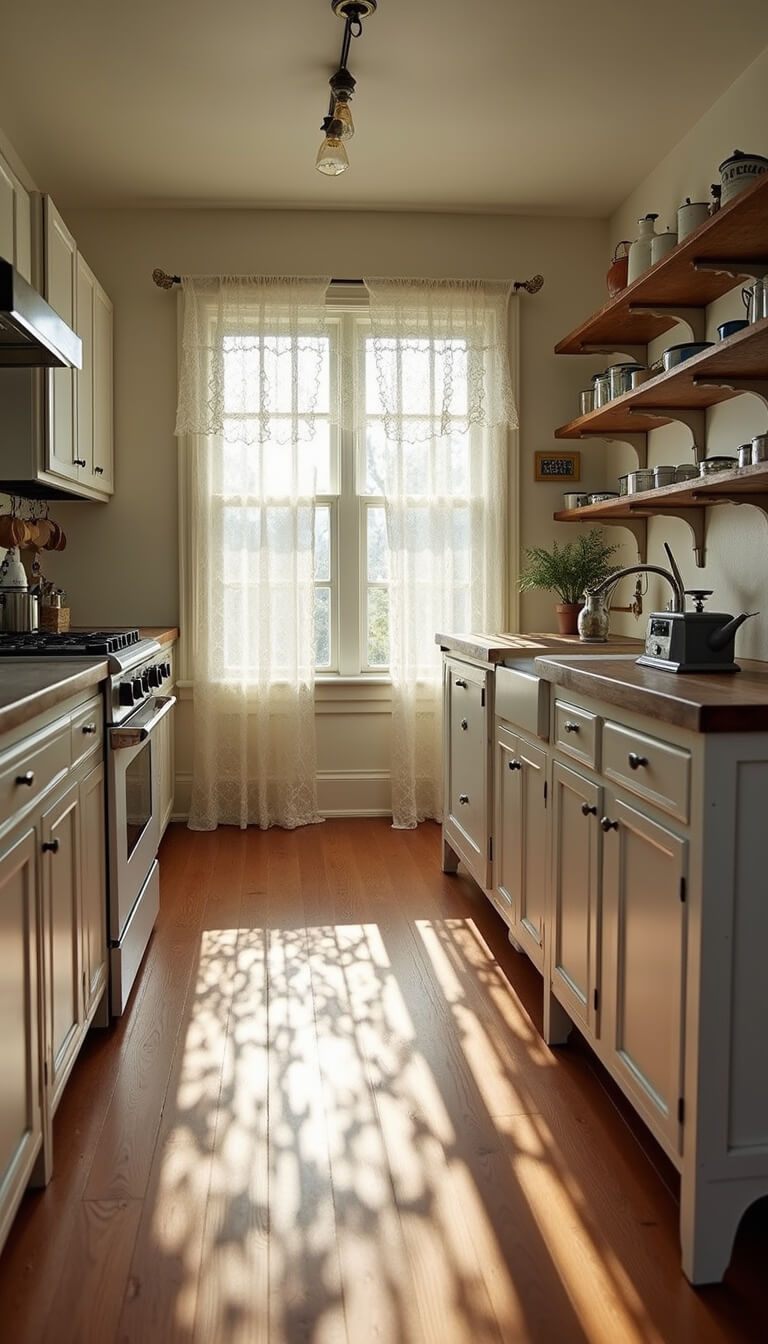 Spacious kitchen with restored hardwood floors, vintage accents, distressed white island, and morning sunlight filtering through lace curtains.