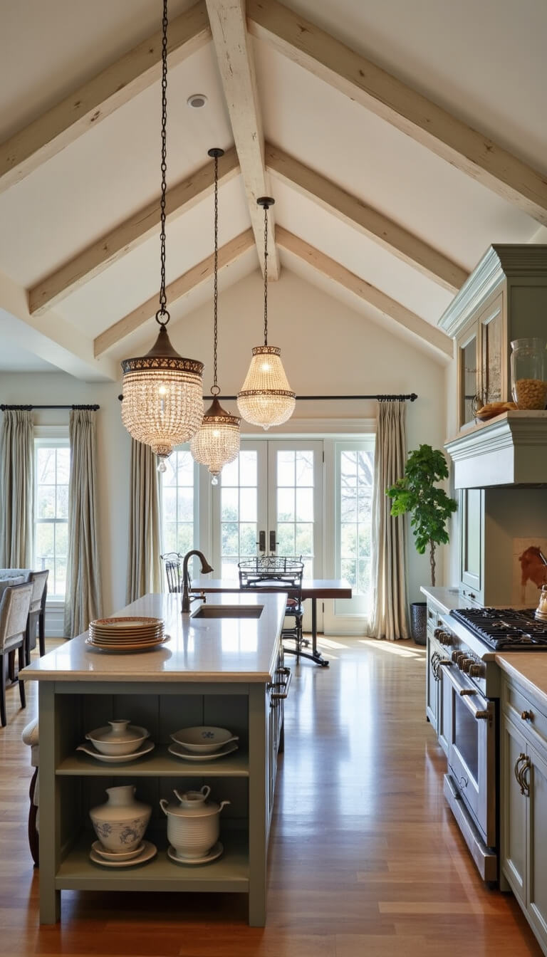 Open-plan kitchen with cathedral ceiling, whitewashed beams, crystal chandelier, antique hutch with ironstone pottery, and French doors with sheer curtains filtering sunlight.