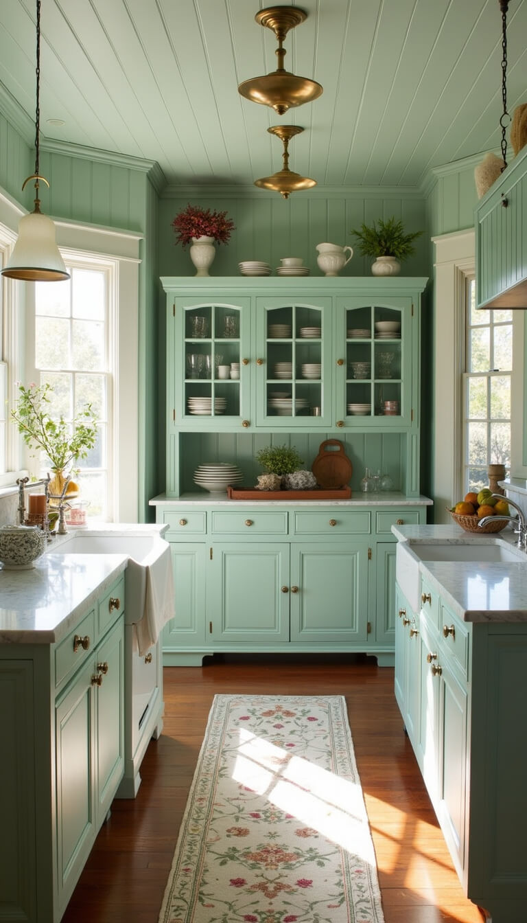 Vintage-inspired kitchen with restored 1920s Hoosier cabinet, mint beadboard ceiling, marble countertops, and brass fixtures illuminated by morning light.