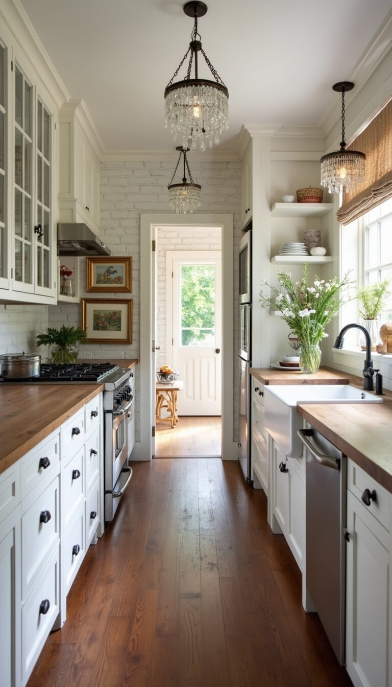 Shabby chic galley kitchen with whitewashed brick walls, reclaimed wood countertops, crystal pendant lighting, vintage pie safe pantry, and botanical prints in gilded frames.