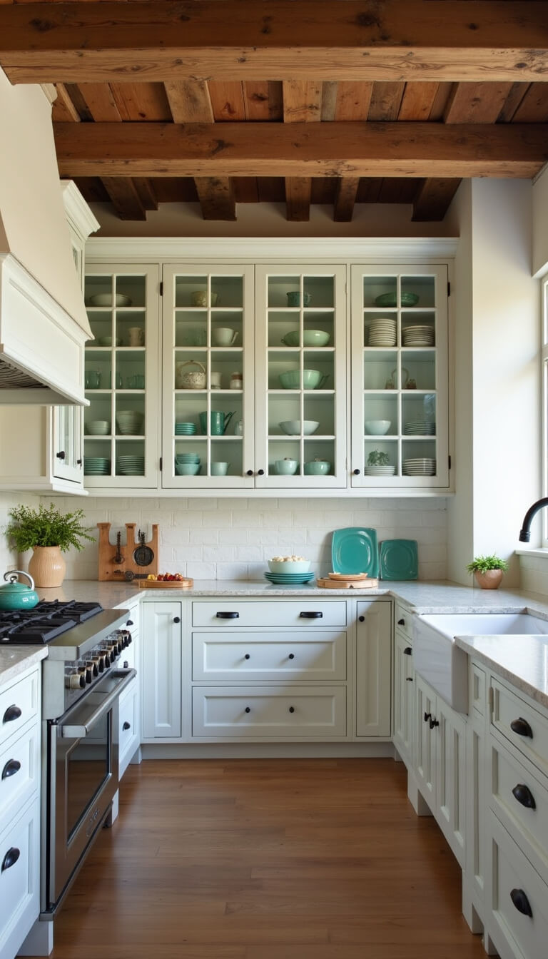 Contemporary shabby chic kitchen featuring jadeite glassware, distressed furnishings, exposed wood beams, and professional lighting.