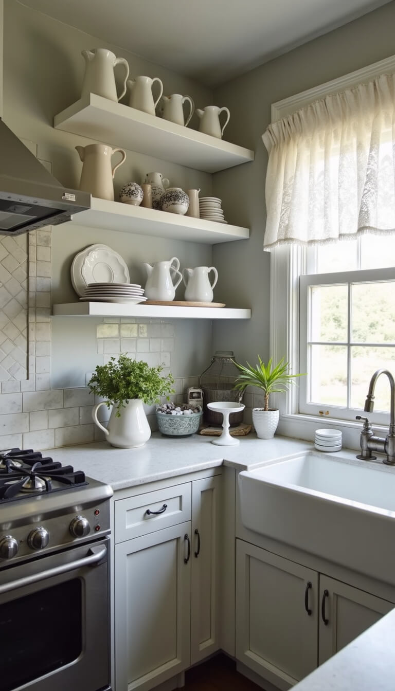 Compact kitchen with antique silverware, white ironstone on open shelves, vintage lace curtains, pale gray walls, and an overhead view of the charming layout.