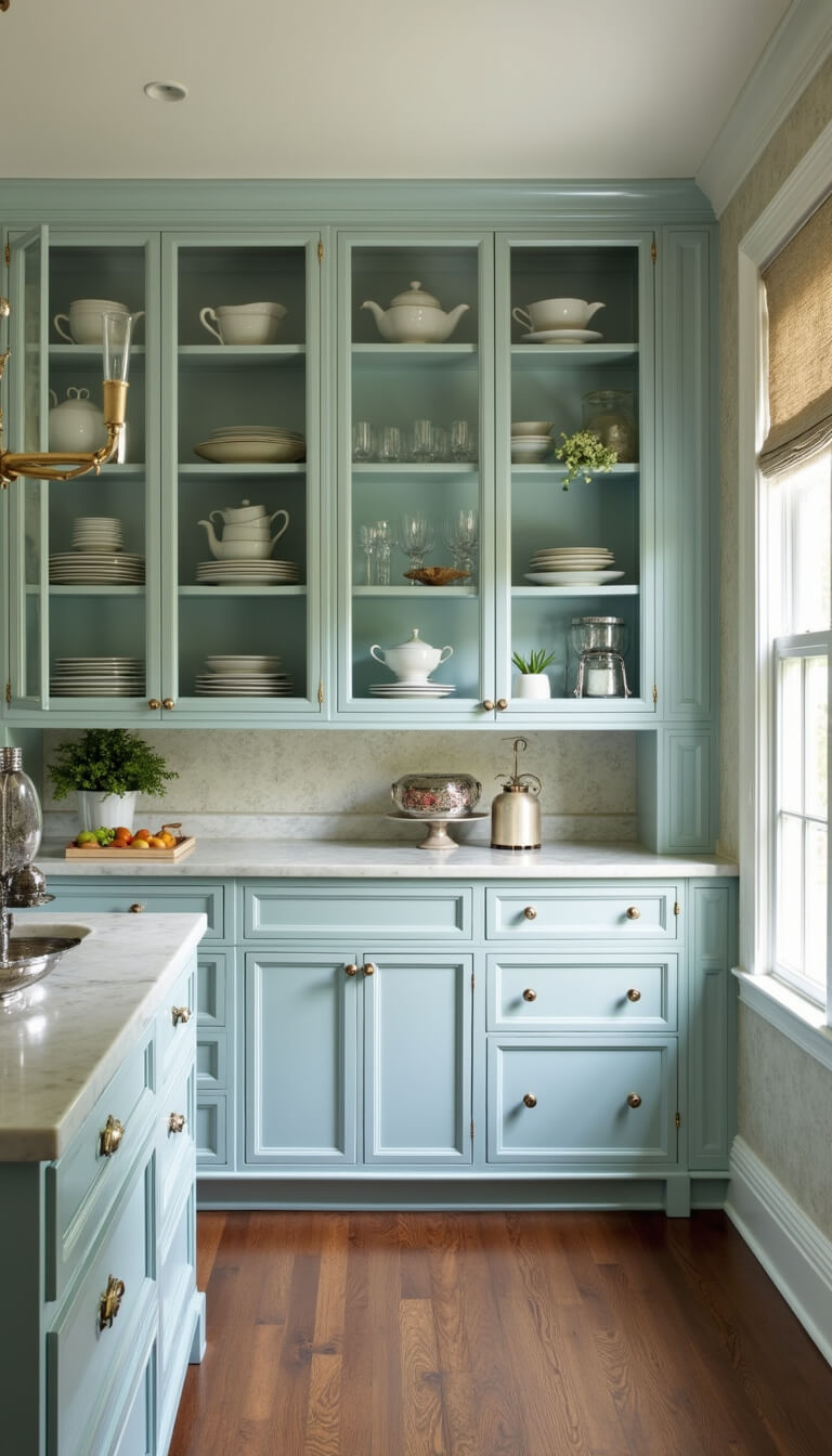 Shabby chic butler's pantry with glass-front cabinets displaying vintage china, marble island with antique silverware, pale blue and cream wallpaper, and accent lighting highlighting vertical storage.