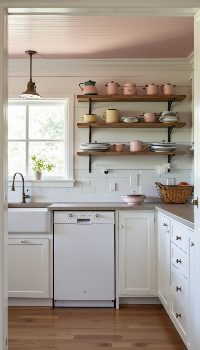Farmhouse kitchen with soft white shiplap walls, pale pink ceiling, vintage enamelware, and crystal knobs, viewed from doorway in natural light.