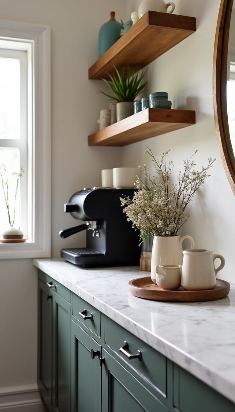 Modern rustic coffee station with floating wood shelves, matte black espresso machine on marble counter, vintage mirror, hand-thrown mugs, wooden trays, and fresh flowers in soft side lighting.