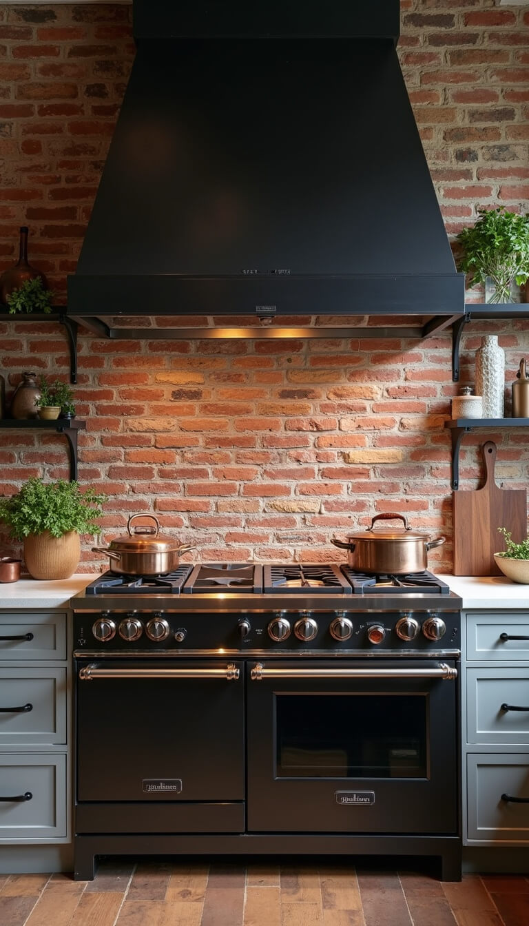 Industrial rustic kitchen with 8x10 cooking area, black steel hood over commercial range, reclaimed brick backsplash, concrete counters, and copper cookware on iron pot rails.