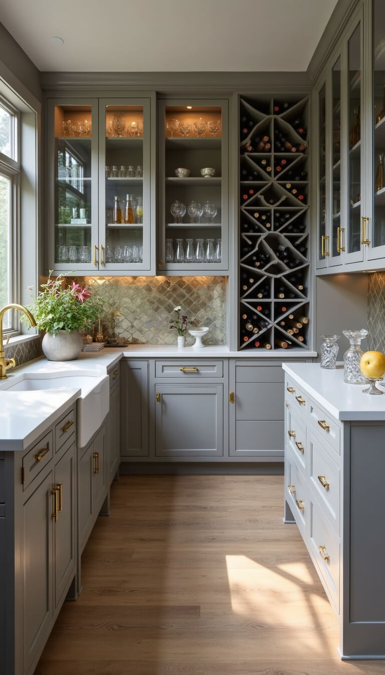 Modern rustic butler's pantry with gray floor-to-ceiling cabinetry, brass hardware, antiqued mirror backsplash, and vintage barware in ambient afternoon light.