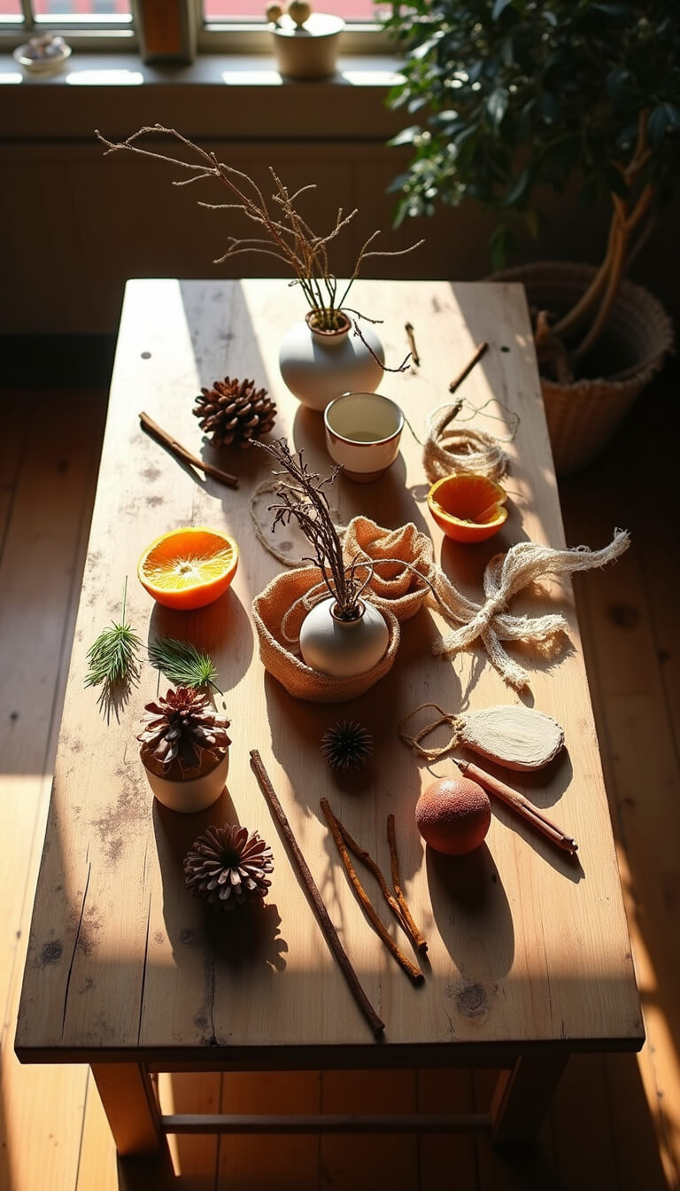 Crafting room with farmhouse table displaying handmade ornaments in progress, surrounded by natural materials like pinecones, dried oranges, and cinnamon sticks, lit by bright morning light.