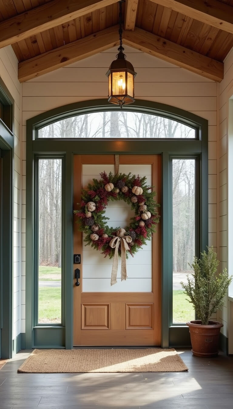 Rustic 10x12ft entryway with exposed wooden beams, frosted glass door panels, oversized wreath with handcrafted ornaments on shiplap wall, in earth tones with forest green and burgundy accents.