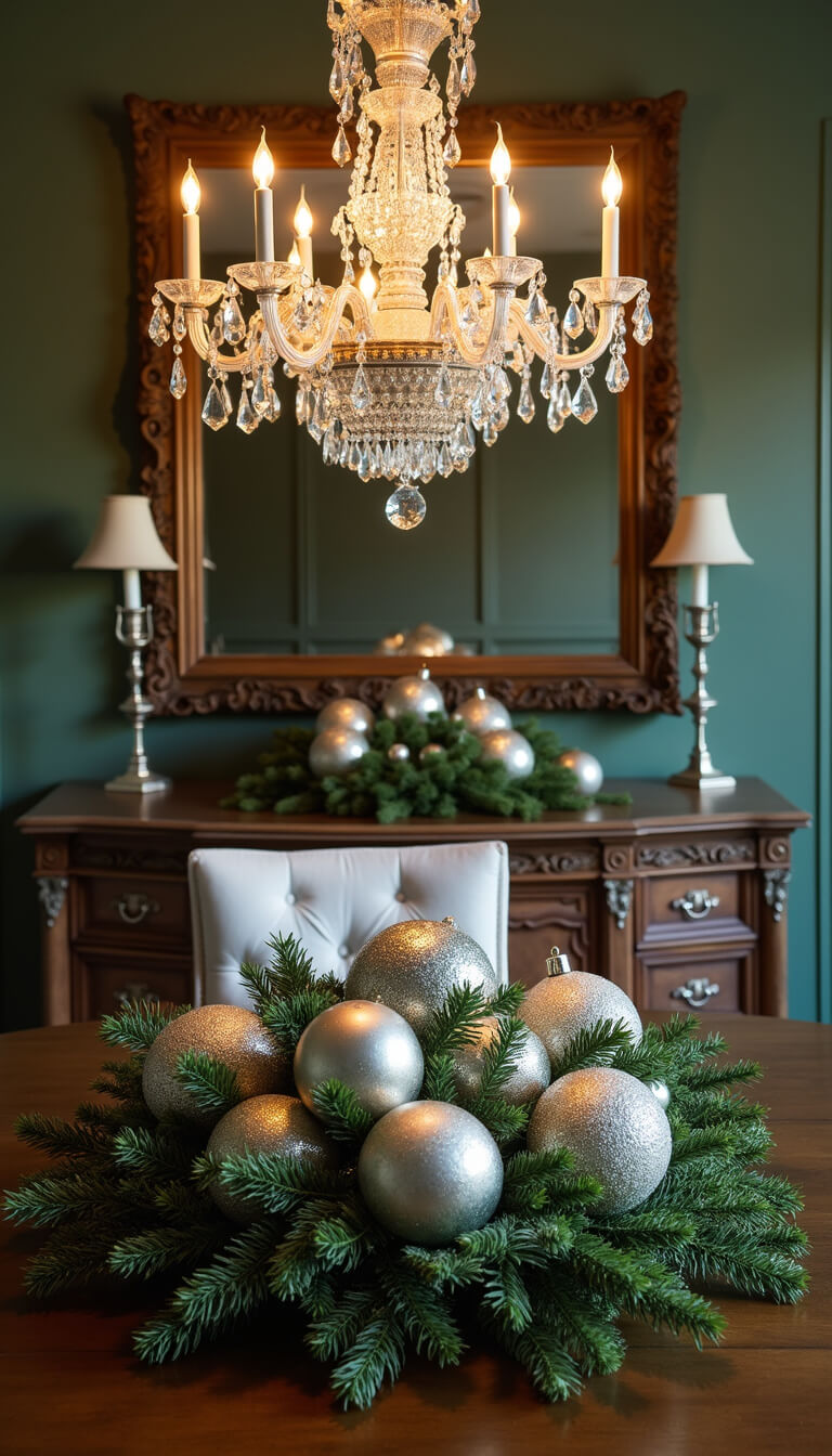 Elegant 14x16ft dining room at dusk with crystal chandelier, vintage mercury glass centerpiece in pine, deep green and silver décor, and ornamented antique sideboard, viewed symmetrically.