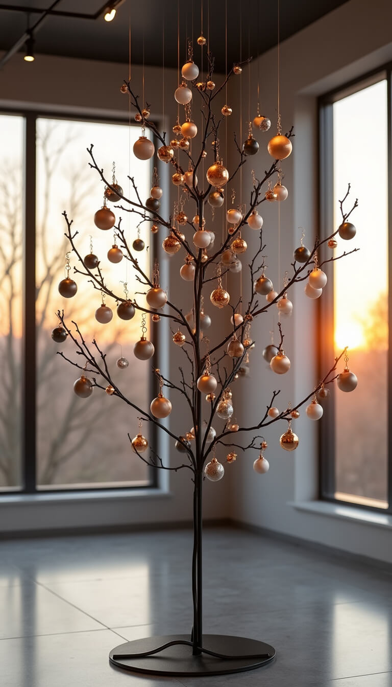 Modern open-concept room with hanging black metal garland display featuring grey, white, and rose gold ornaments, backlit by floor-to-ceiling windows at golden hour.
