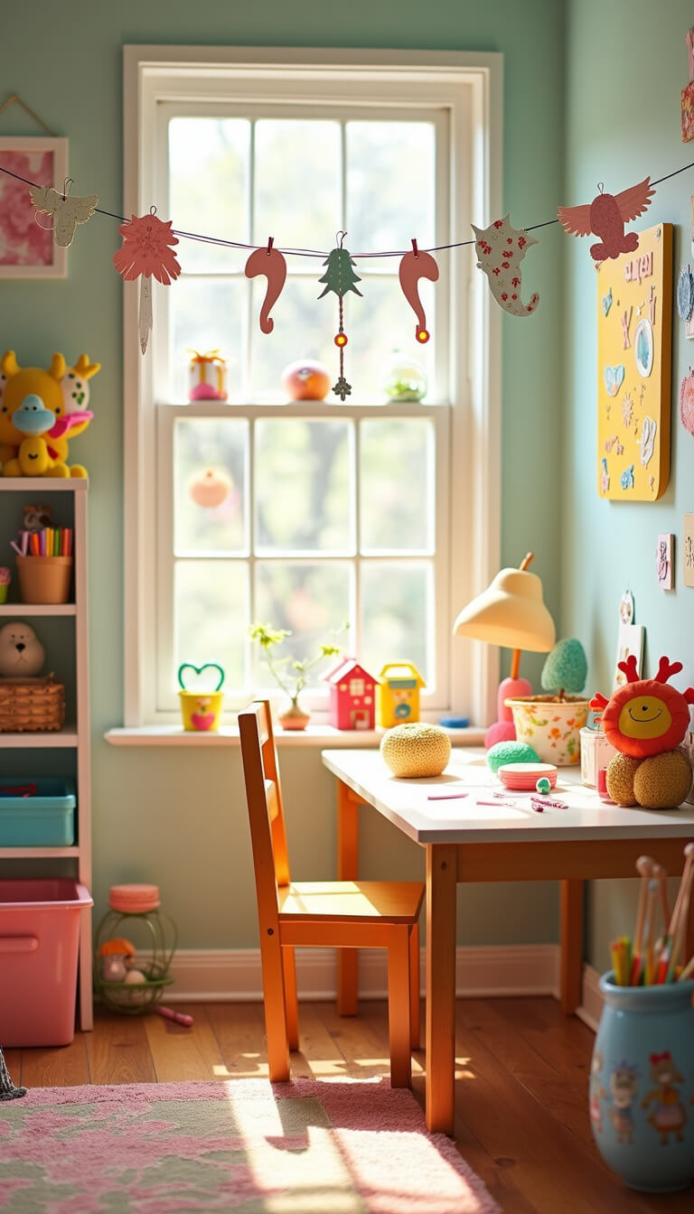 Children's playroom with DIY ornament crafting station, colorful supplies, and handmade decorations strung on twine, viewed at child's eye level in morning light.