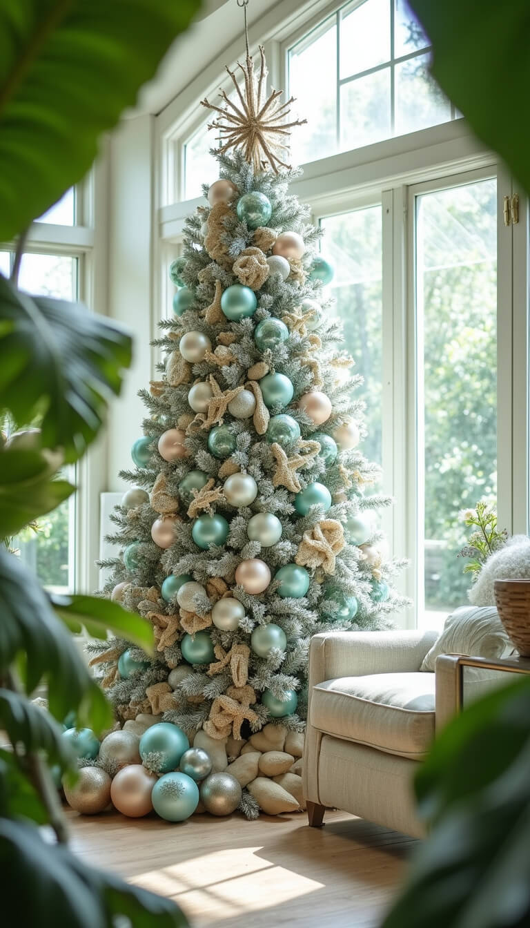 Coastal-themed Christmas sunroom with seafoam and pearl ornaments, metallic accents, and tropical plants framing the scene.